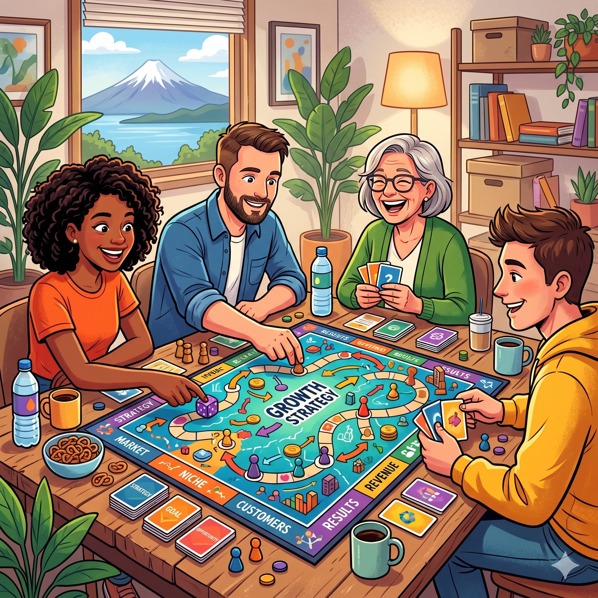 Equipo jugando juego de estrategia de crecimiento — metáfora de la colaboración entre cliente y agencia de marketing digital
