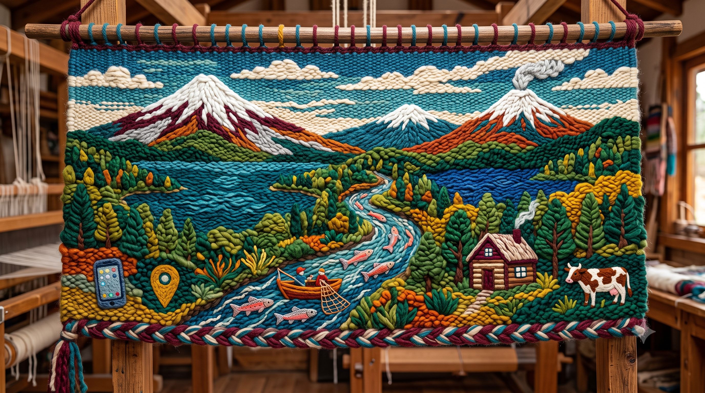Tapiz de lana patagónico con volcanes, salmones y cabaña — marketing digital en el sur de Chile