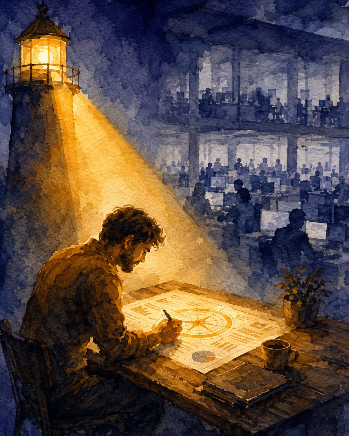 Ilustración en acuarela de un especialista trabajando de cerca bajo la luz de un faro, con una torre de oficinas difusa al fondo — metáfora del modelo de agencia tradicional frente al valor del especialista